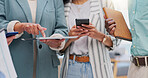 Hands, tablet and group collaboration of business people work on meeting report, results or project feedback. Teamwork cooperation, phone and staff review brand illustration, design or online plan