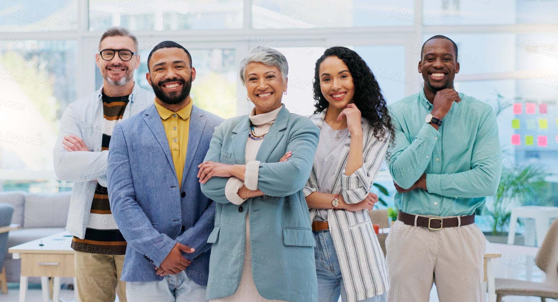 Buy stock photo Happy creative group, team and confidence in leadership, management or about us at the office. Portrait of confident employee people with smile standing together in teamwork for startup at workplace