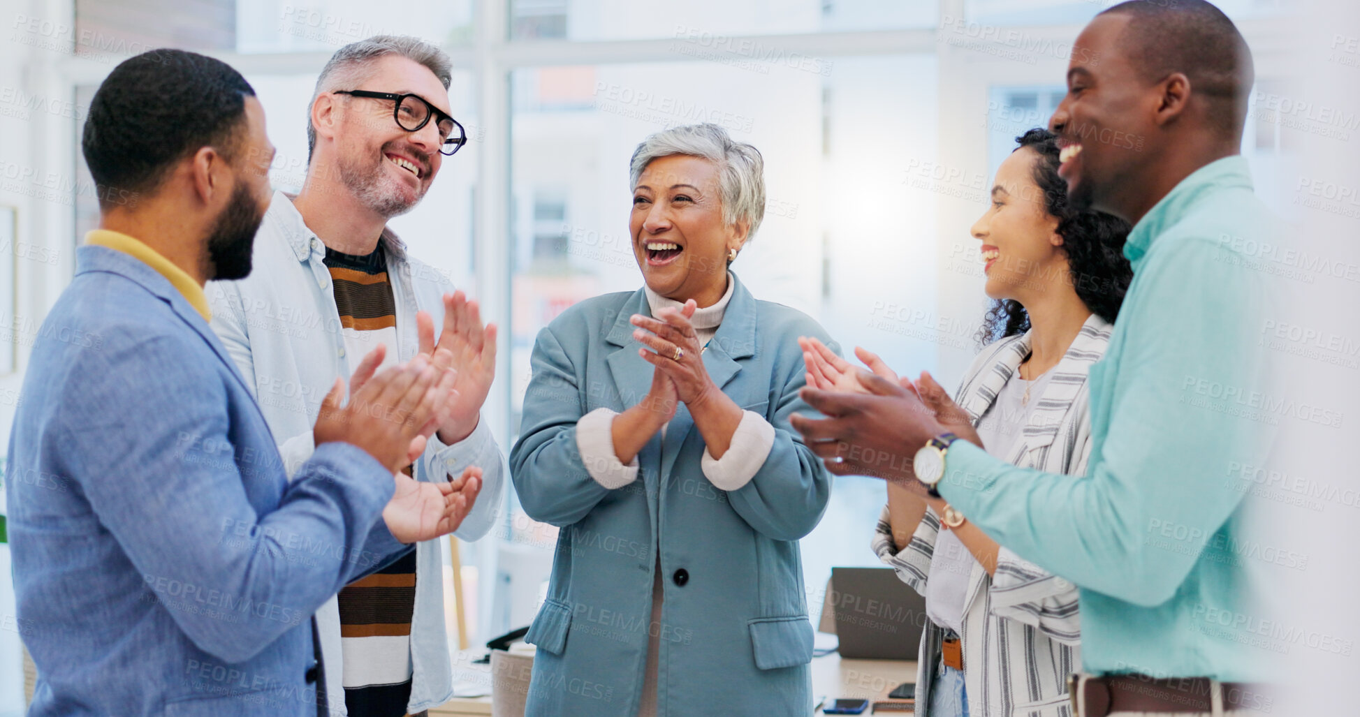 Buy stock photo Creative people, meeting and applause in celebration for winning, team achievement or unity at the business office. Group of happy employees clapping in success for teamwork, promotion or startup at workplace