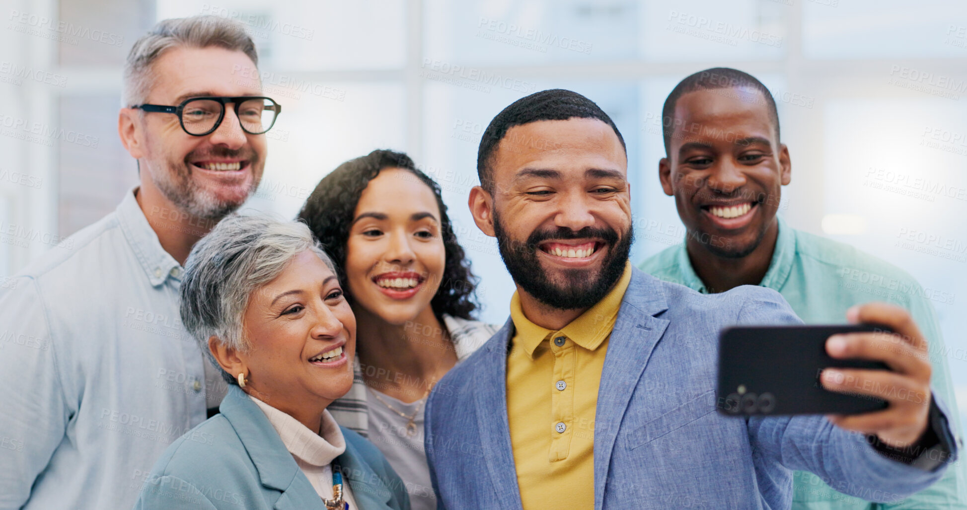 Buy stock photo Creative people, happy team and selfie in meeting for photo, memory or online vlog at the office. Group of business employees smile in teamwork for fun picture, social media or startup at the workplace