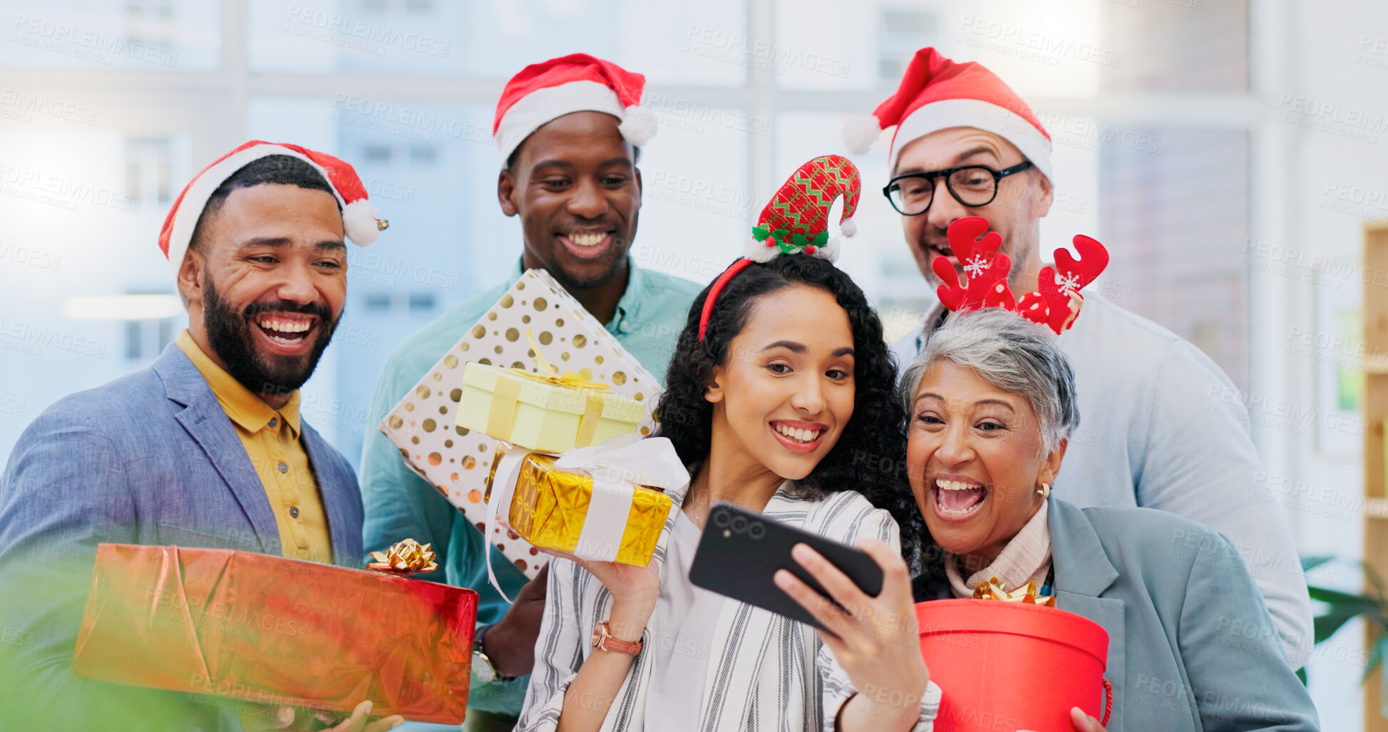 Buy stock photo Creative people, Christmas and selfie for party celebration, festive season or December holiday at office. Happy group of employees smile at work event for gifts, surprise or photo in memory and vlog