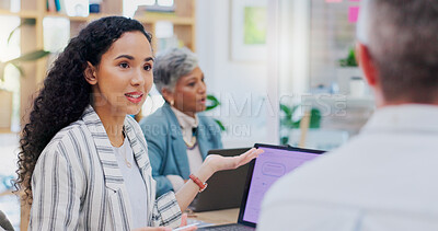 Buy stock photo Meeting, communication and business people in discussion with idea for project, marketing strategy and startup. Teamwork, collaboration and men and women in office for task, proposal and planning