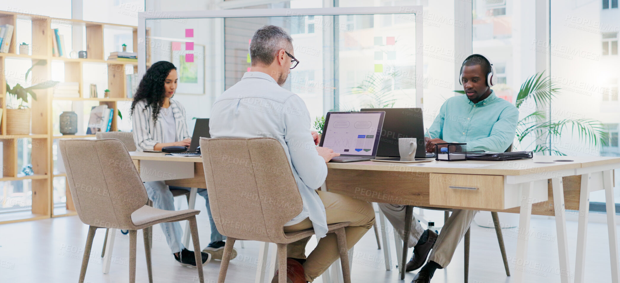 Buy stock photo Meeting, agency and business people in the morning brainstorming in a office of employees planning. Startup, strategy and professional team in collaboration as teamwork in development in company