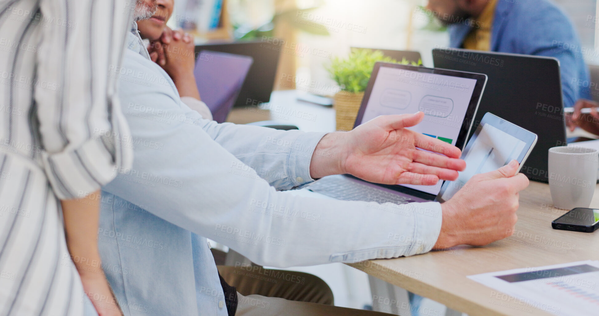 Buy stock photo Mentor, collaboration and technology with helping an employee with work or project for team. Male professional, intern and learning with tech for teamwork at company together with teaching for job.