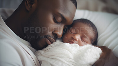 Buy stock photo Father holding a newborn baby in his arms. Young man cuddling his sleeping baby