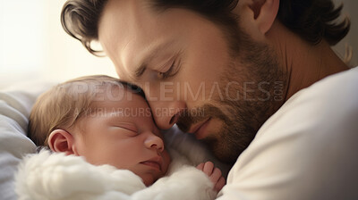 Buy stock photo Father holding a newborn baby in his arms. Young man cuddling his sleeping baby