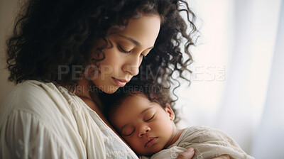 Buy stock photo Mother holding a newborn baby in her arms. Young woman cuddling her sleeping baby