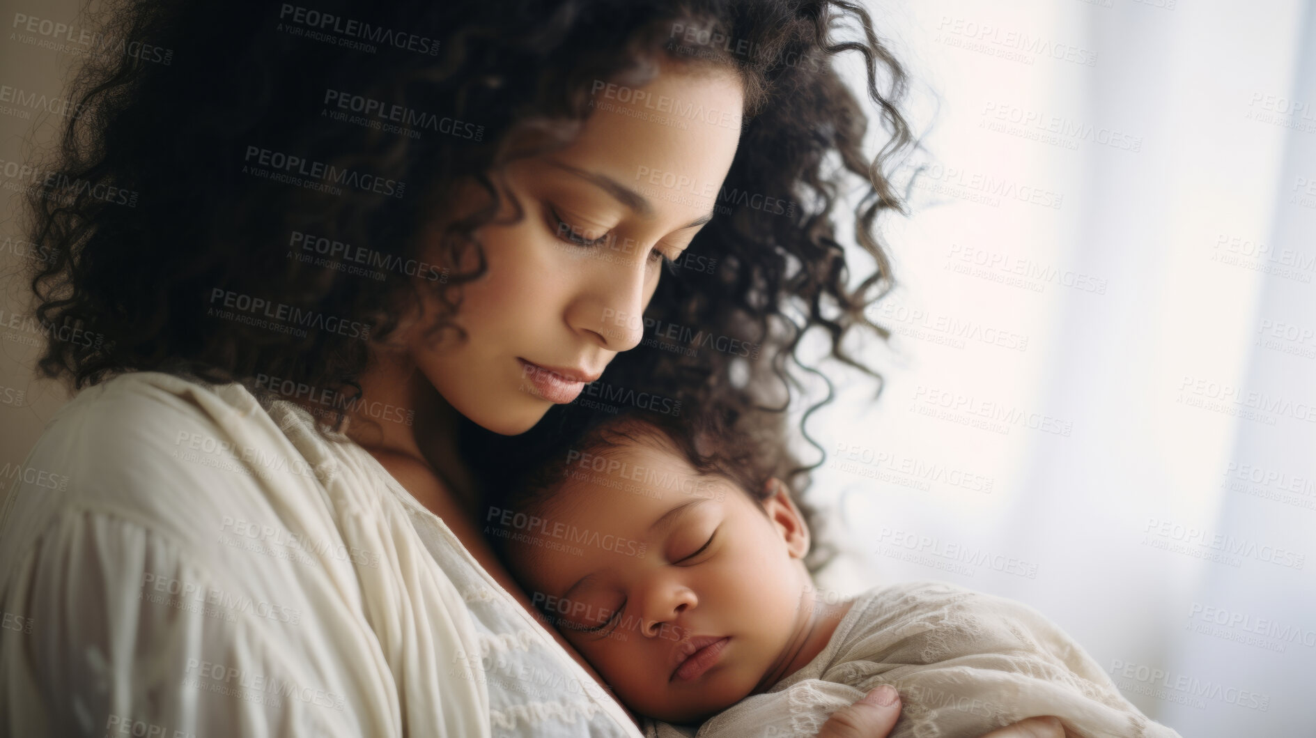 Buy stock photo Mother holding a newborn baby in her arms. Young woman cuddling her sleeping baby