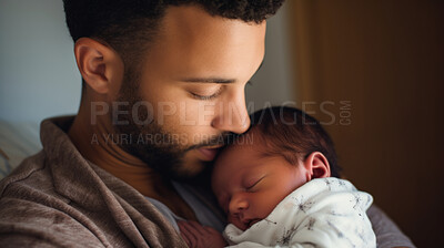 Buy stock photo Father holding a newborn baby in his arms. Young man cuddling his sleeping baby