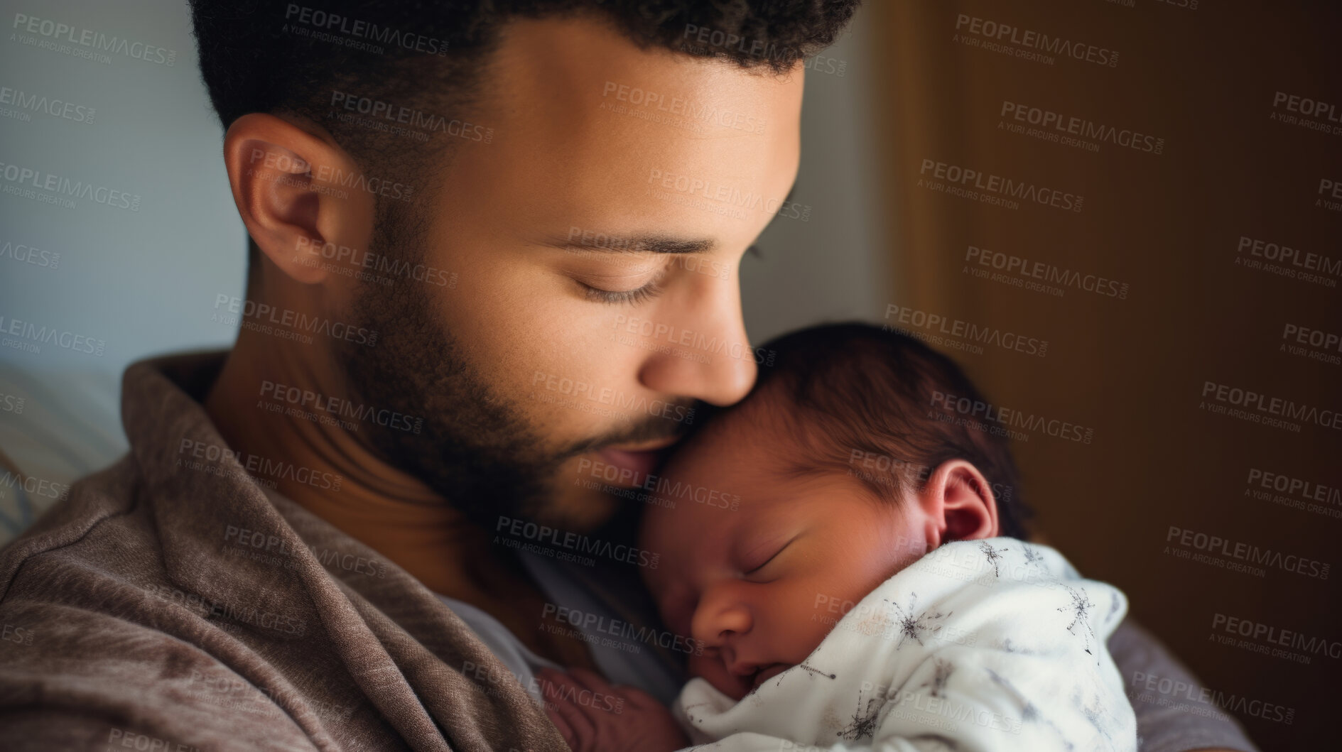 Buy stock photo Father holding a newborn baby in his arms. Young man cuddling his sleeping baby