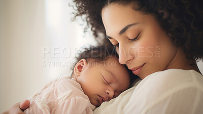 Buy stock photo Mother holding a newborn baby in her arms. Young woman cuddling her sleeping baby