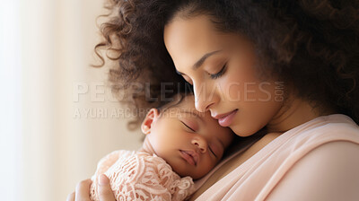 Buy stock photo Mother holding a newborn baby in her arms. Young woman cuddling her sleeping baby