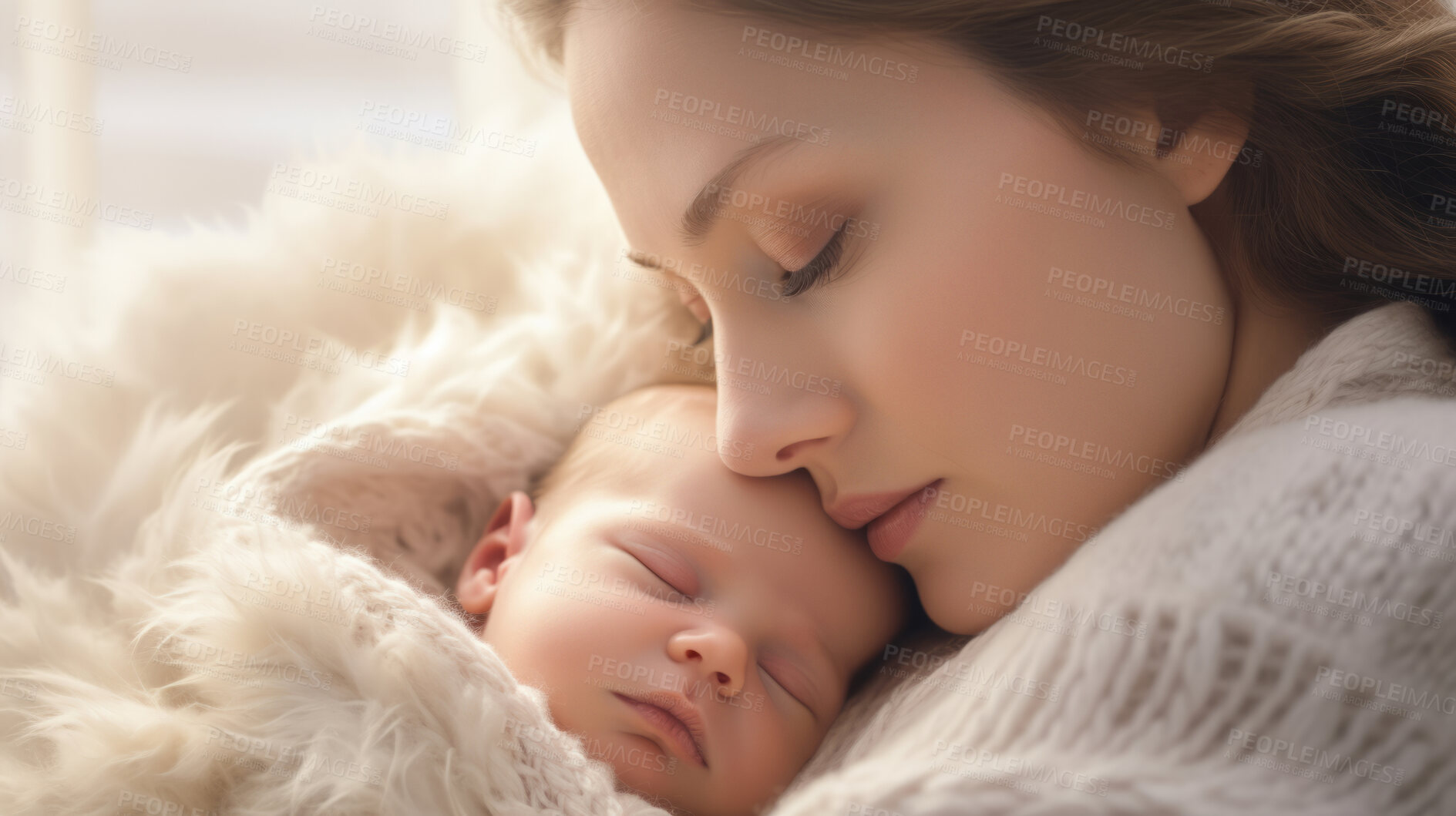 Buy stock photo Mother holding a newborn baby in her arms. Young woman cuddling her sleeping baby