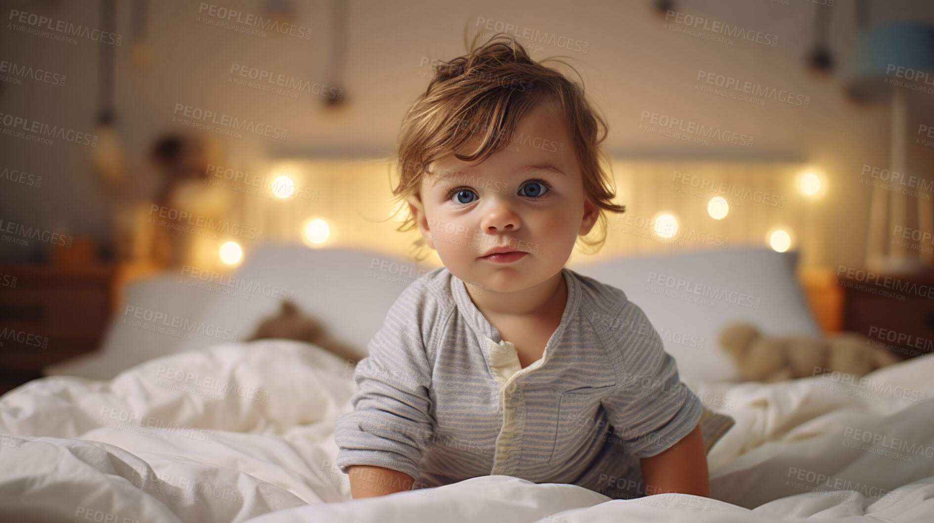 Buy stock photo Toddler smiling while sitting on bed with a toy. Portrait of a happy and cheerful baby