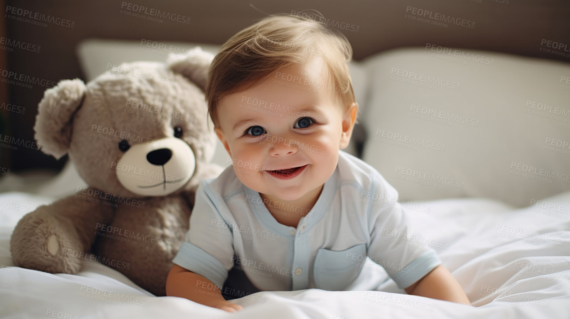 Buy stock photo Toddler smiling while sitting on bed with a toy. Portrait of a happy and cheerful baby