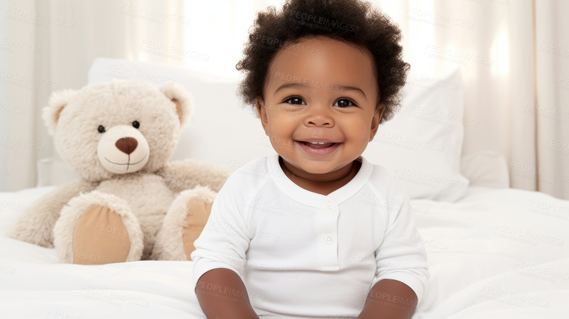 Buy stock photo Toddler smiling while sitting on bed with a toy. Portrait of a happy and cheerful baby