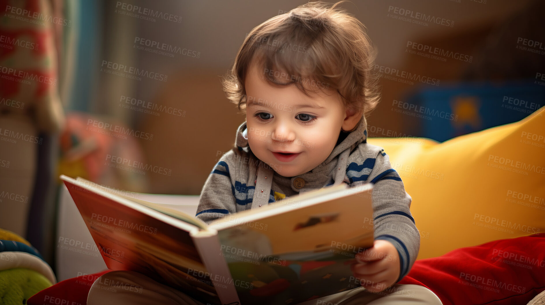 Buy stock photo Toddler boy is reading a picture book. Education and learning literacy. Kid reading a story