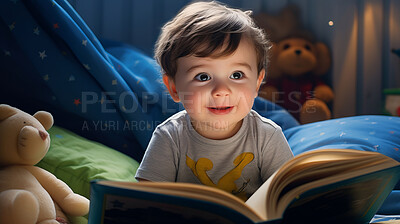Toddler boy is reading a picture book. Education and learning literacy. Kid reading a story