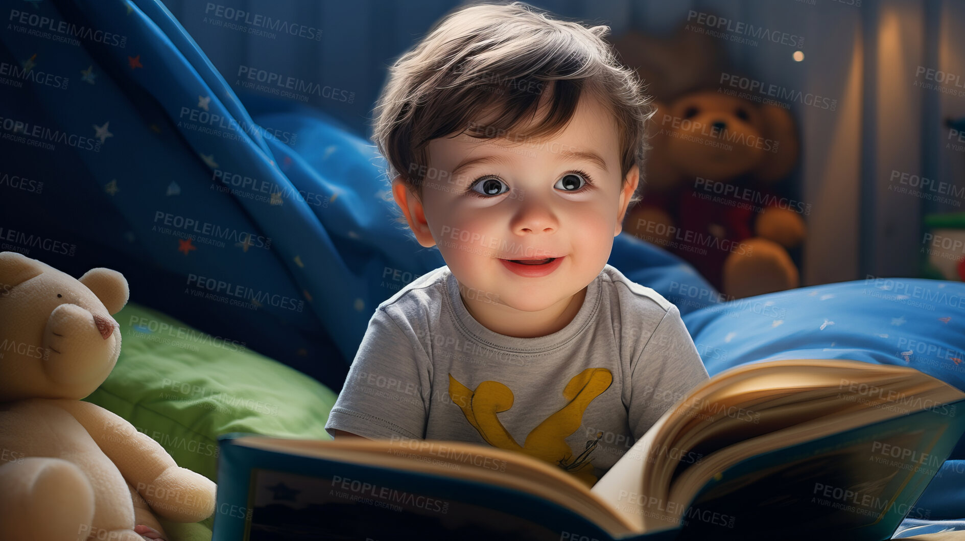 Buy stock photo Toddler boy is reading a picture book. Education and learning literacy. Kid reading a story