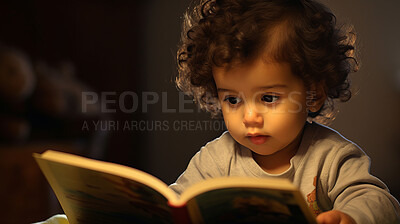 Toddler girl is reading a picture book. Education and learning literacy. Kid reading a story