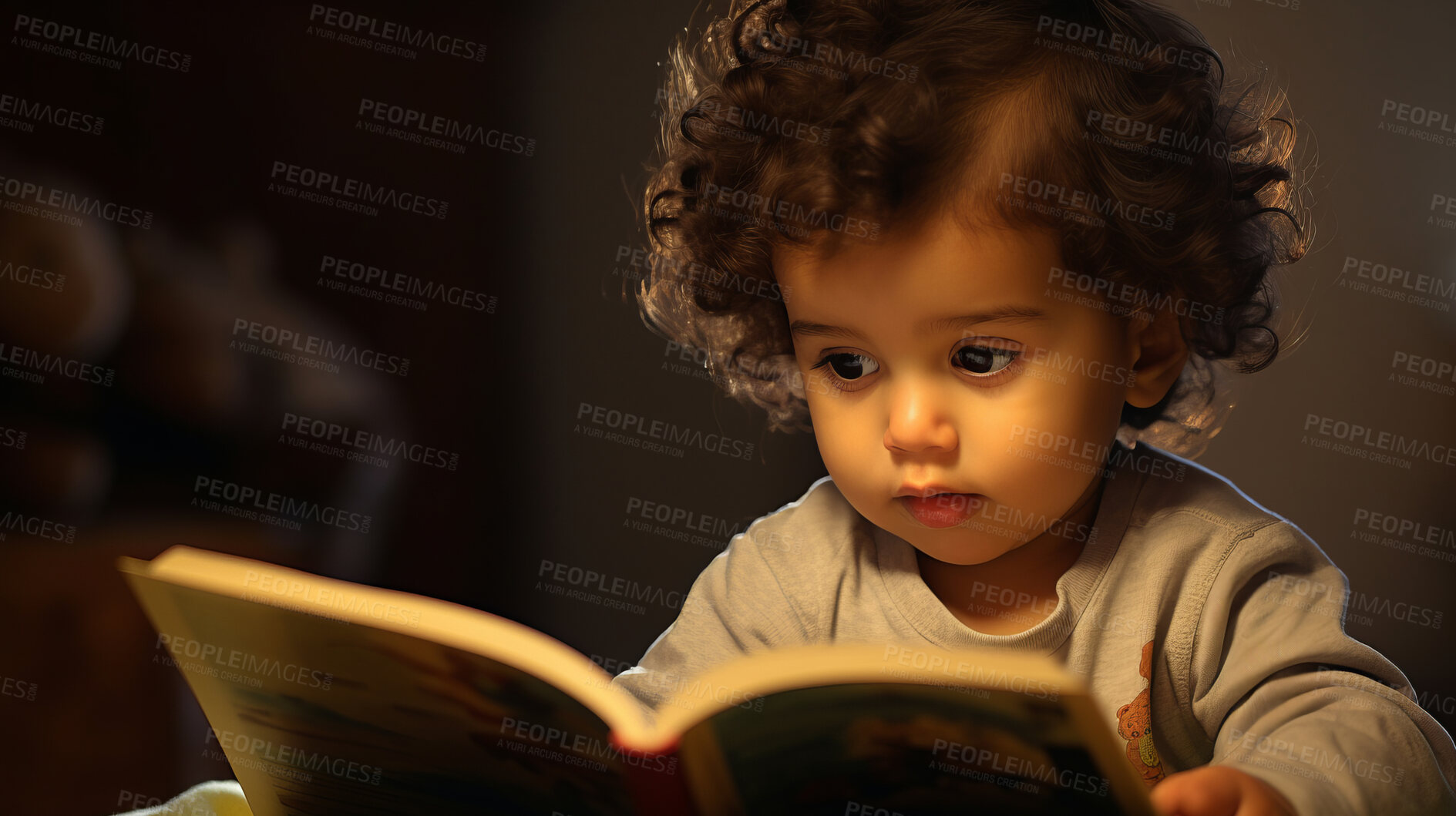 Buy stock photo Toddler girl is reading a picture book. Education and learning literacy. Kid reading a story