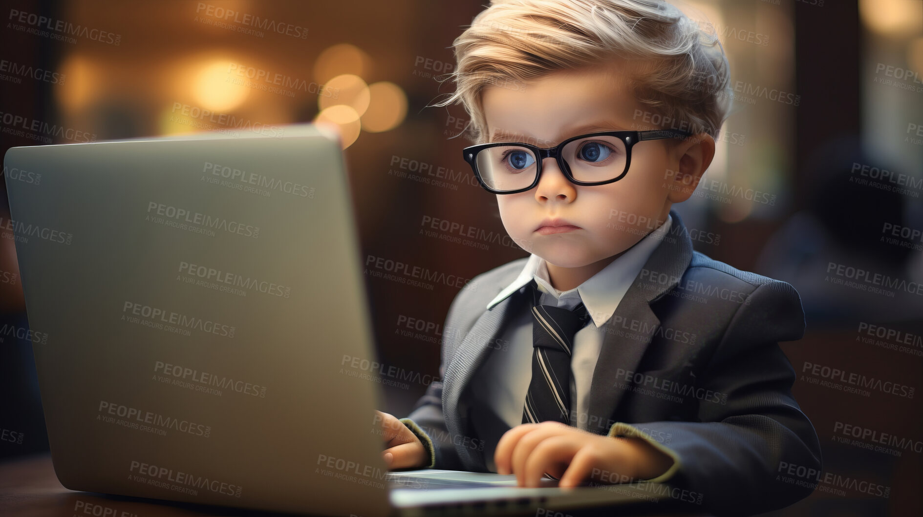 Buy stock photo Toddler boy dressed as a business man. Young boy with a laptop computer.