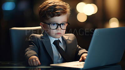 Buy stock photo Toddler boy dressed as a business man. Young boy with a laptop computer.