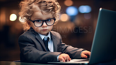 Buy stock photo Toddler boy dressed as a business man. Young boy with a laptop computer.