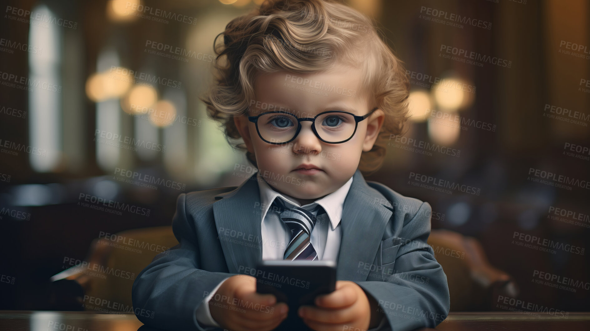 Buy stock photo Toddler boy dressed as a business man. Young boy with a cellphone on social media