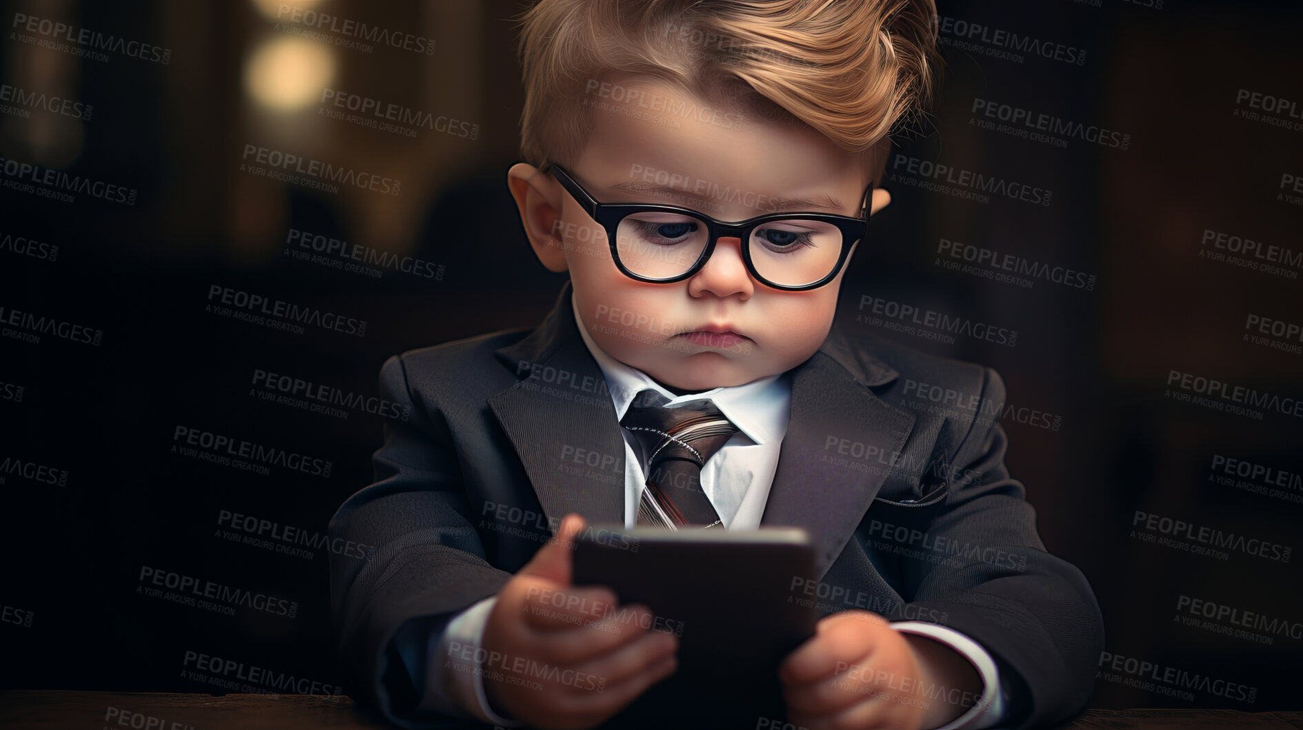 Buy stock photo Toddler boy dressed as a business man. Young boy with a cellphone on social media