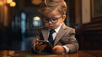 Buy stock photo Toddler boy dressed as a business man. Young boy with a cellphone on social media