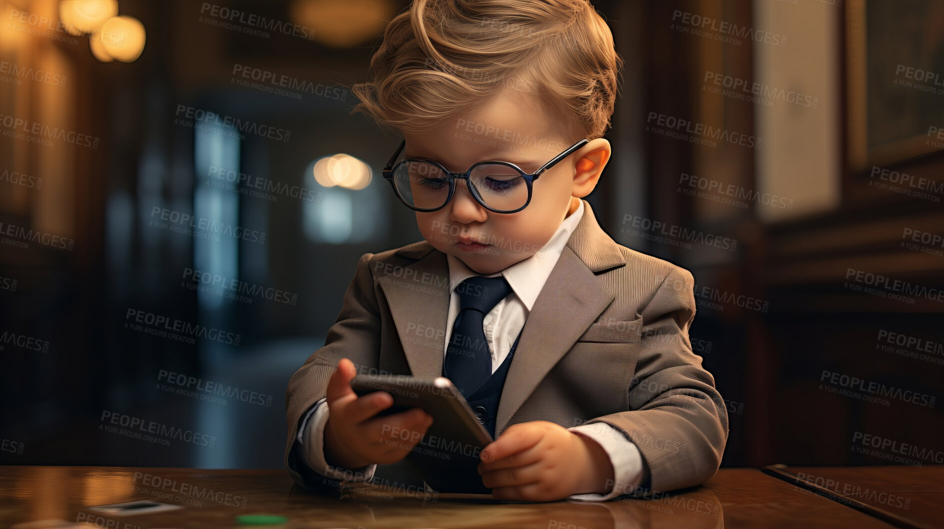 Buy stock photo Toddler boy dressed as a business man. Young boy with a cellphone on social media