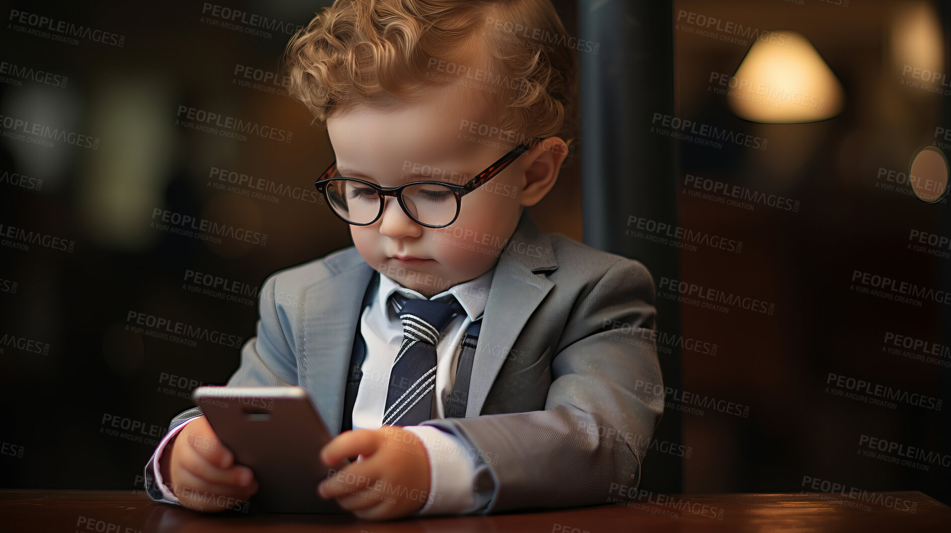 Buy stock photo Toddler boy dressed as a business man. Young boy with a cellphone on social media