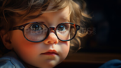 Portrait of toddler boy wearing glasses. Poor eyesight or bad vision for optometry