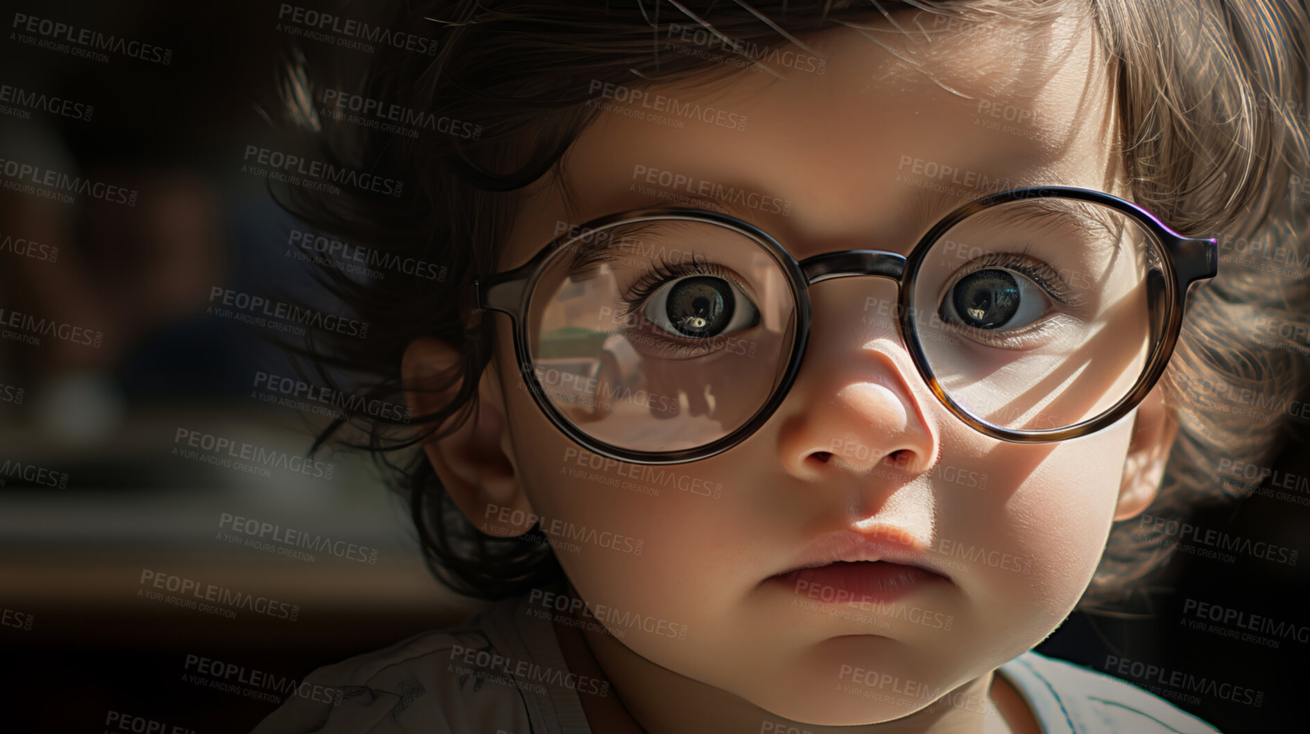 Buy stock photo Portrait of toddler boy wearing glasses. Poor eyesight or bad vision for optometry