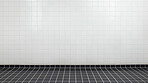 White ceramic tile wall and black floor background. Design wallpaper copyspace