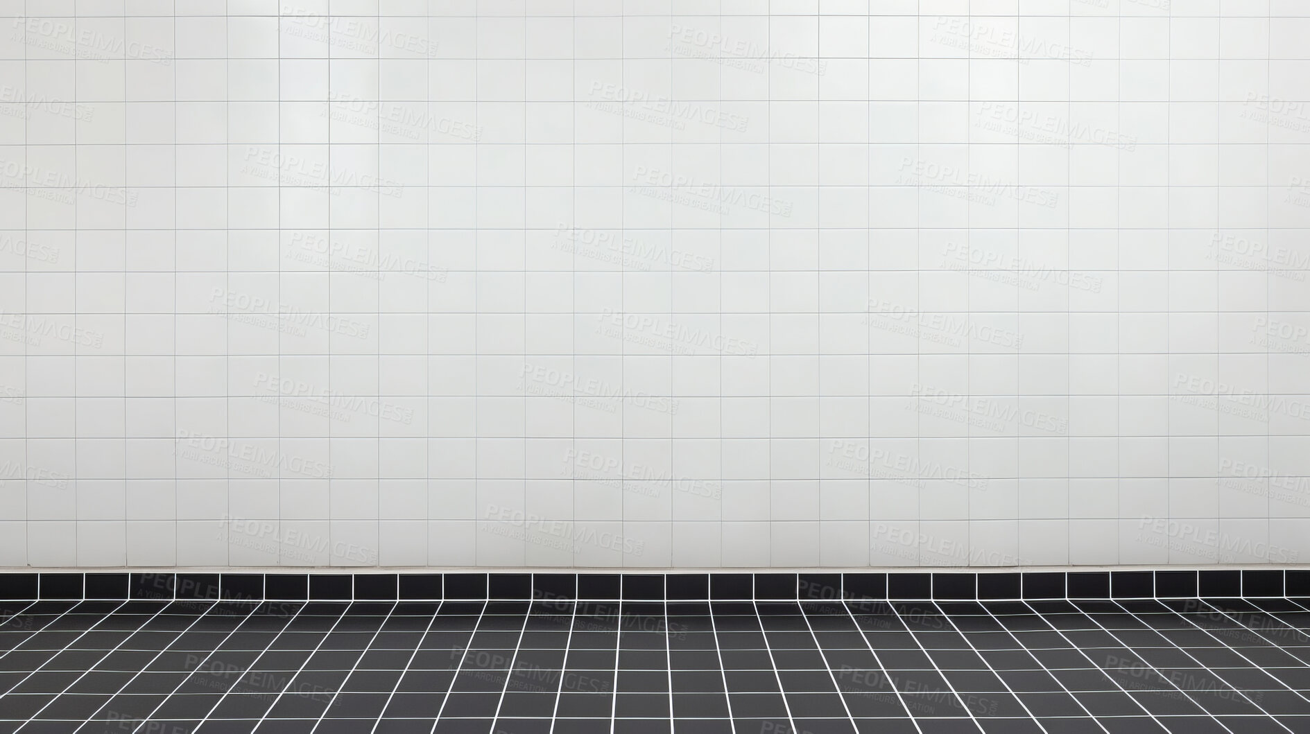 Buy stock photo White ceramic tile wall and black floor background. Design wallpaper copyspace
