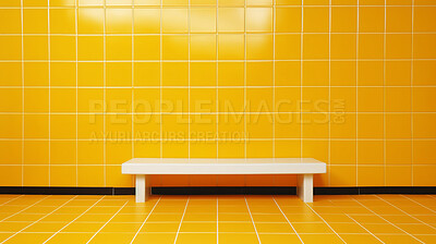 Yellow ceramic tile wall or floor with bench background. Design wallpaper copyspace
