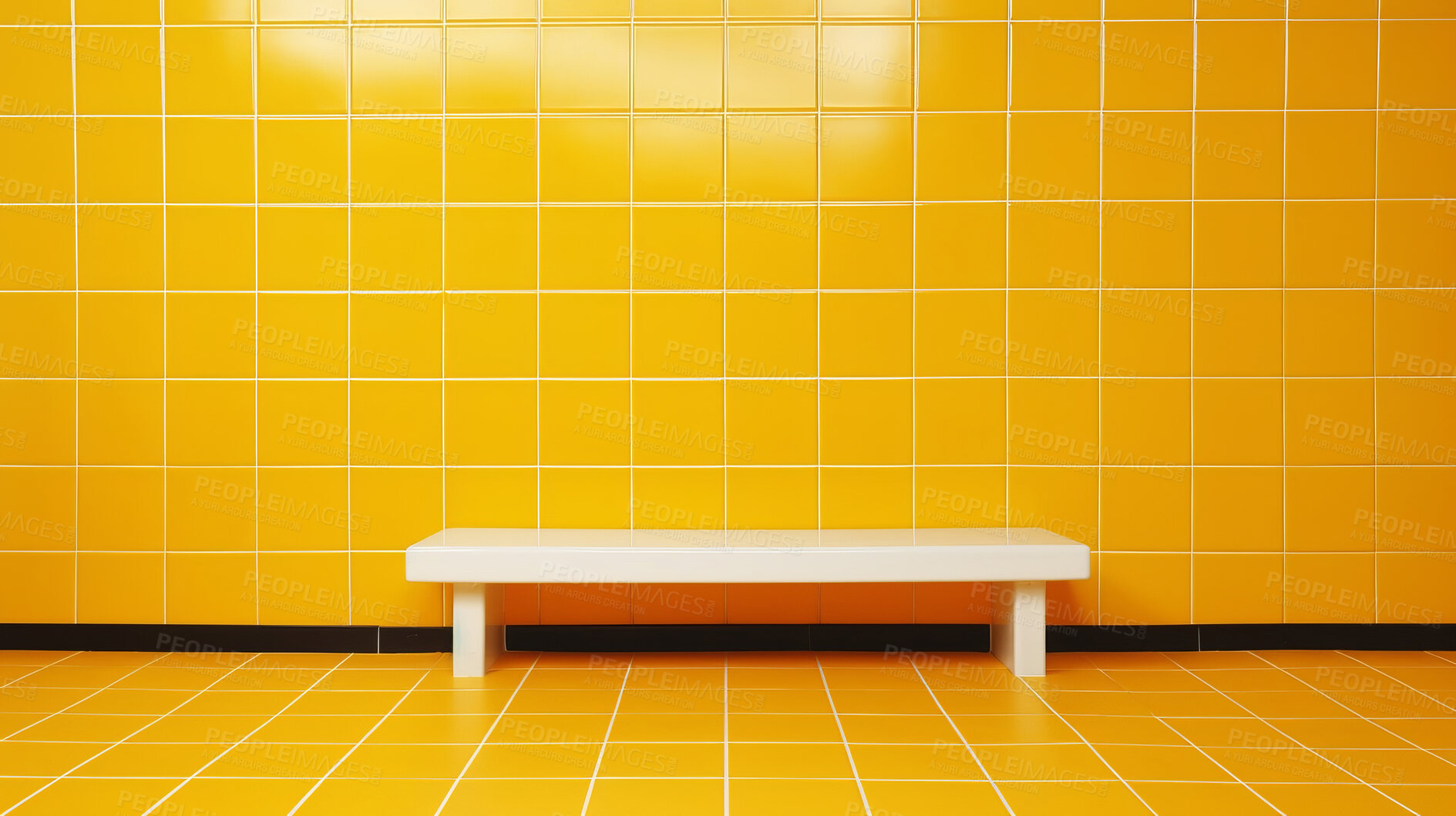 Buy stock photo Yellow ceramic tile wall or floor with bench background. Design wallpaper copyspace