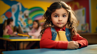 Portrait of a toddler girl sitting at a desk at kindergarten. Preschool and eduction