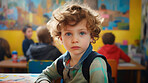 Portrait of a toddler boy sitting at a desk at kindergarten. Preschool and eduction