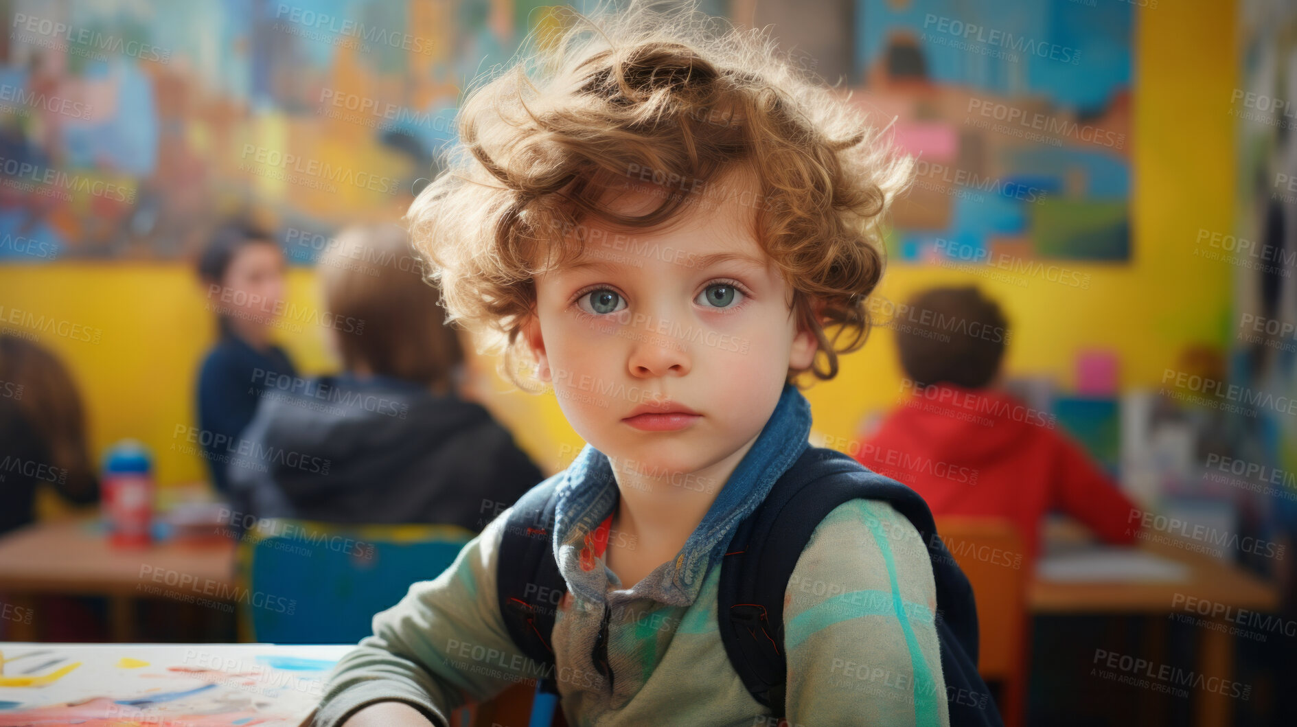 Buy stock photo Portrait of a toddler boy sitting at a desk at kindergarten. Preschool and eduction