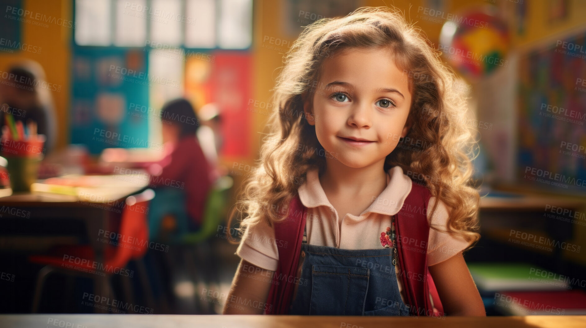 Buy stock photo Portrait of a toddler girl sitting at a desk at kindergarten. Preschool and eduction
