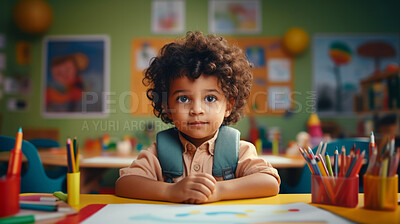 Portrait of a toddler boy sitting at a desk at kindergarten. Preschool and eduction