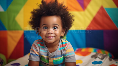 Buy stock photo Portrait of a toddler boy posing against a colorful wall at kindergarten or preschool