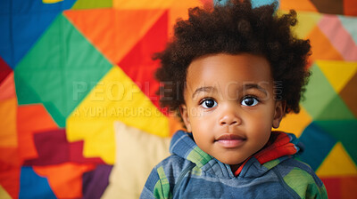 Buy stock photo Portrait of a toddler boy posing against a colorful wall at kindergarten or preschool