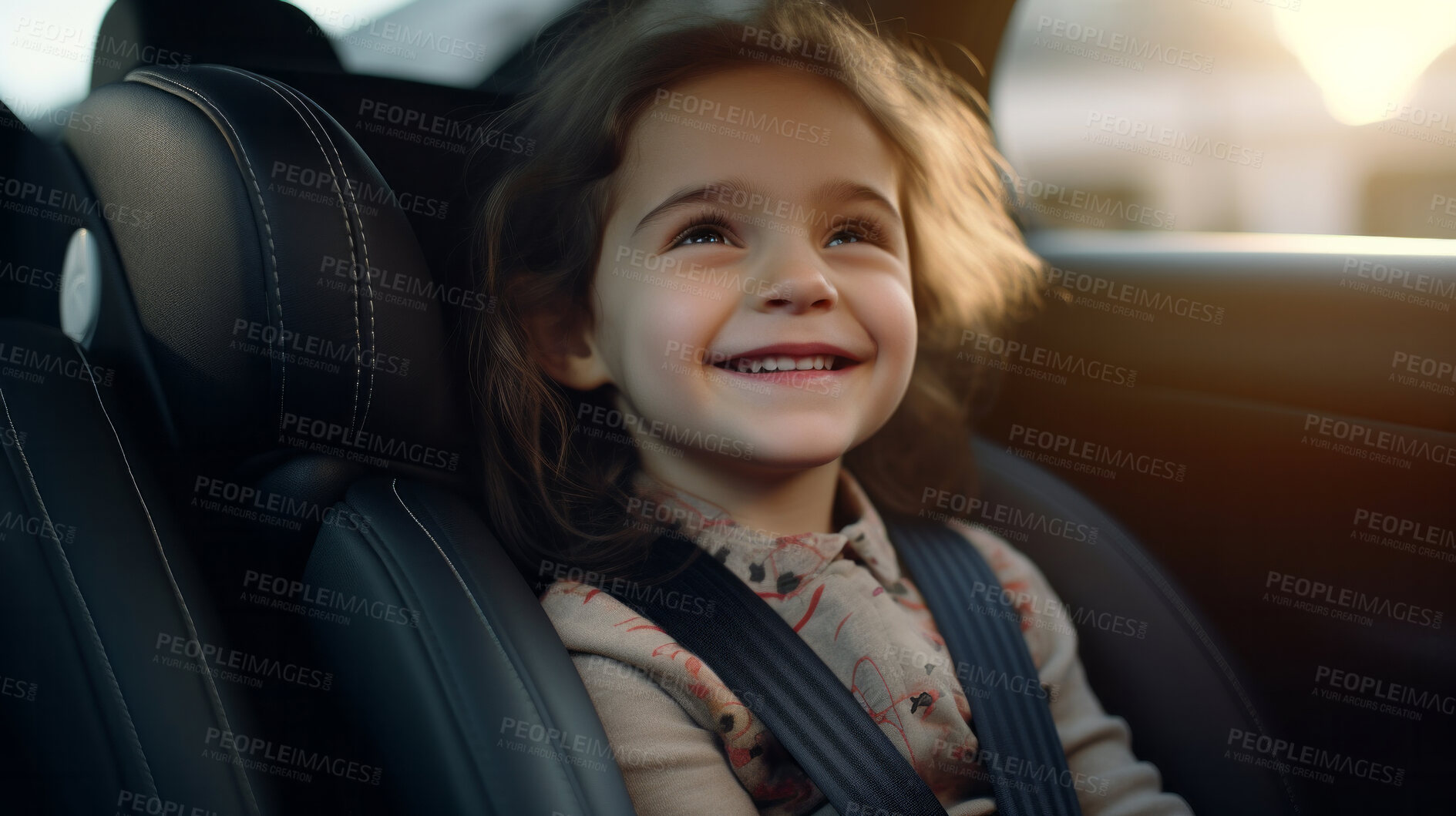 Buy stock photo Toddler child sitting in car seat. Portrait of a child strapped in car seat for safety concept