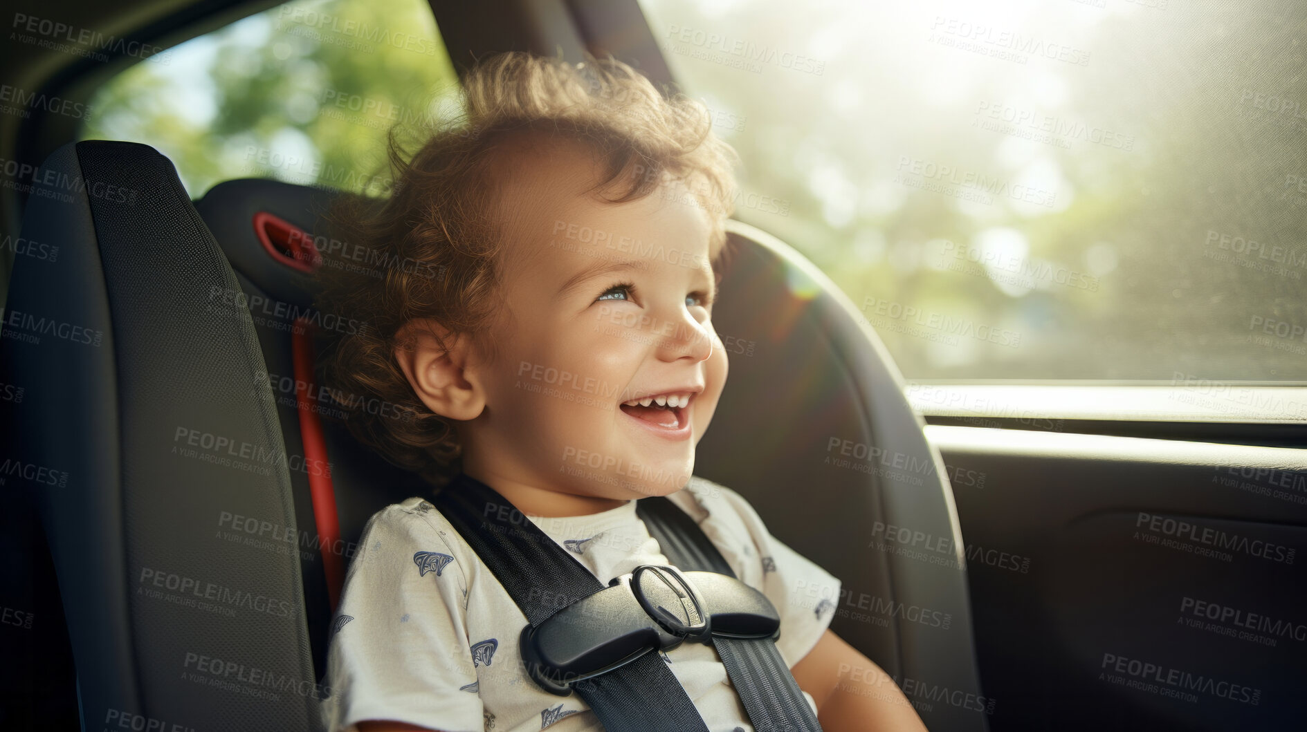Buy stock photo Toddler child sitting in car seat. Portrait of a child strapped in car seat for safety concept