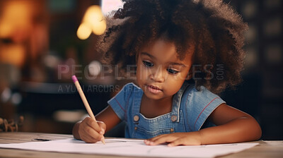 Buy stock photo Portrait of a toddler girl sitting at a desk at kindergarten. Preschool and eduction