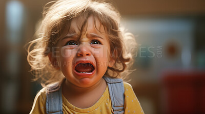 Buy stock photo Toddler sitting and crying at kindergarten. Sad unhappy baby girl crying to go home.